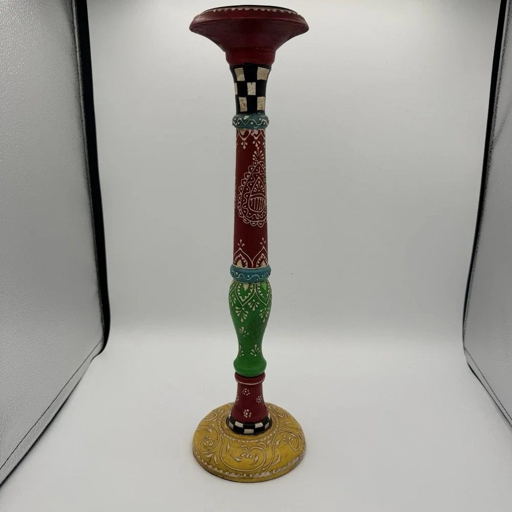 Hand Painted Indian Wood Candlestick 15